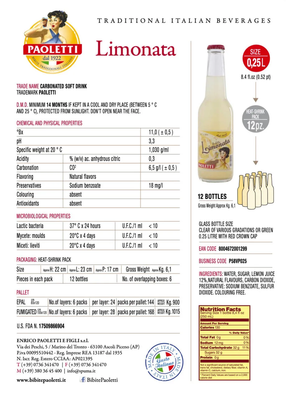 Paoletti Lemonade, Soft Drink, Made in Italy, 8.4 fl oz | 250ml (4-Pack)