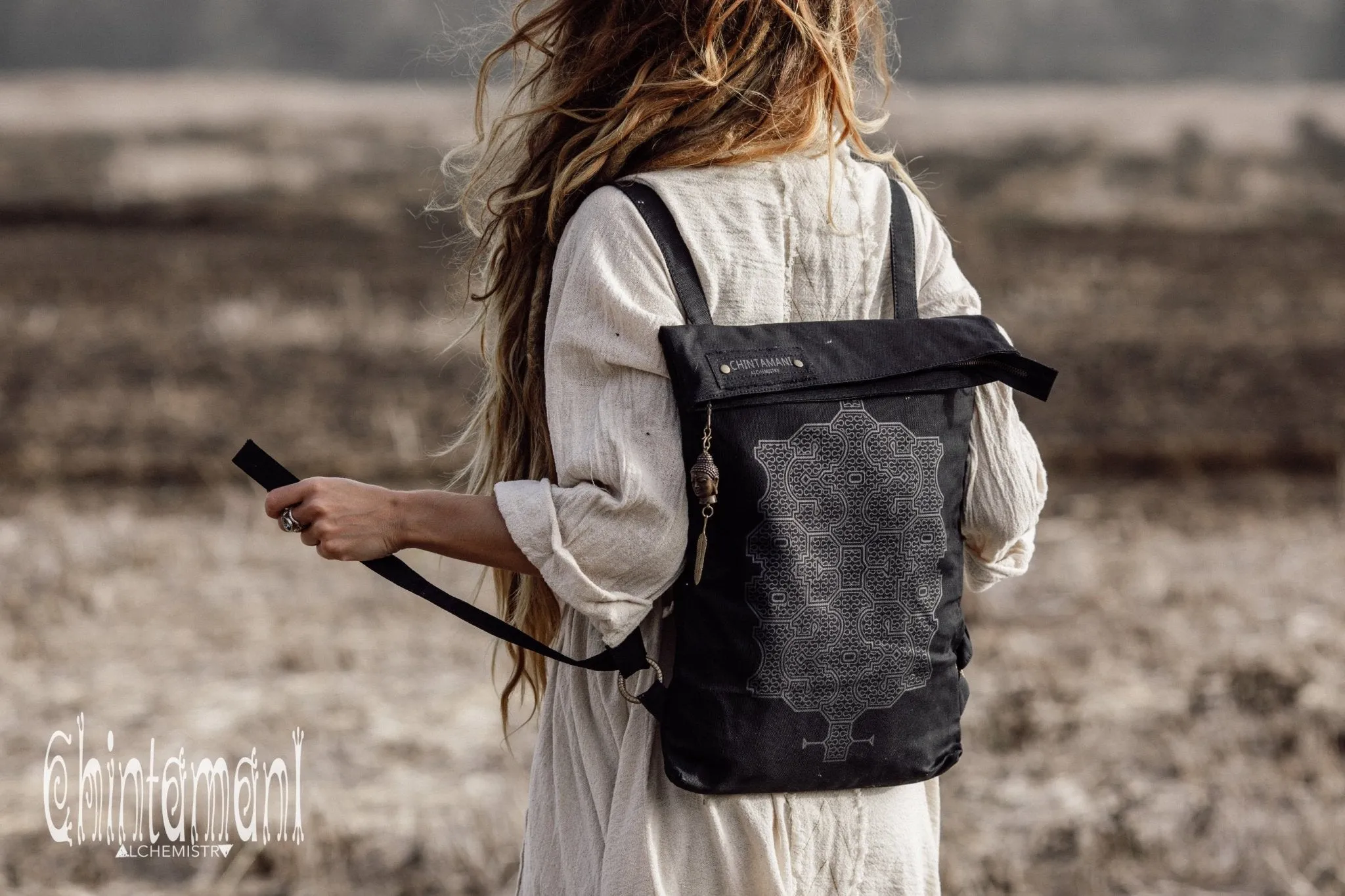 Rolltop Flat Laptop Backpack of Cotton Canvas with Shipibo Print / Black
