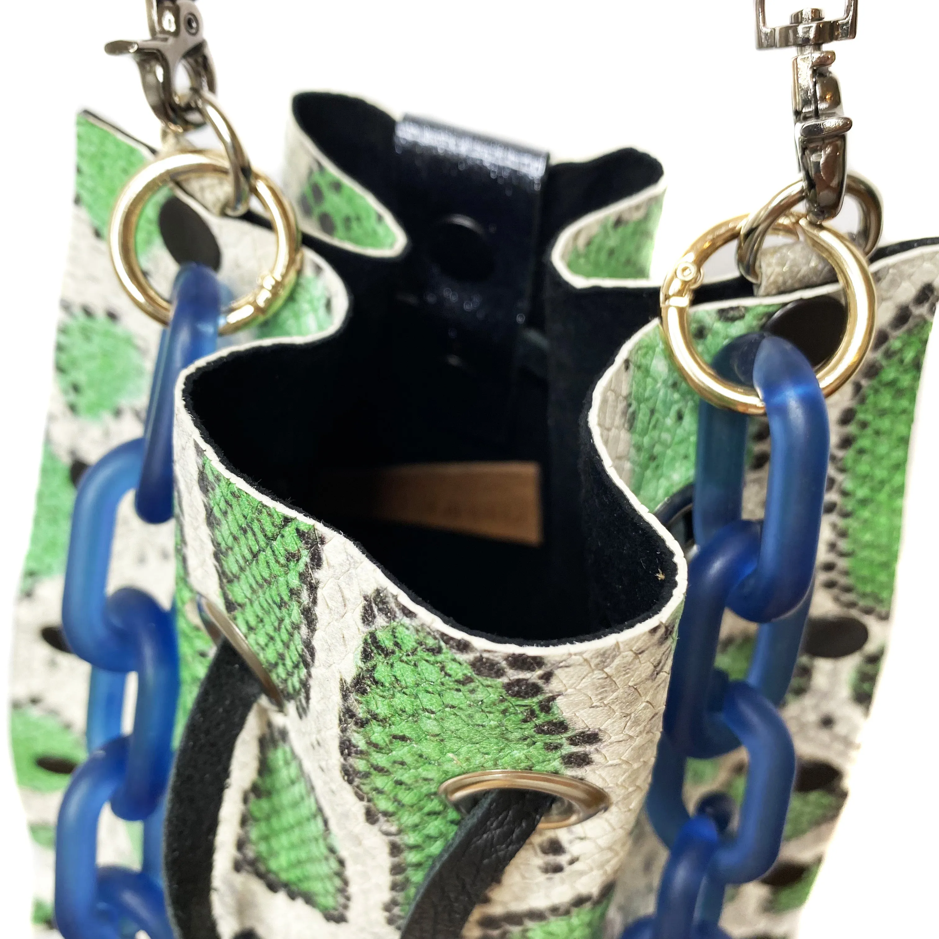 Seafoam Green Snakeprint leather Drawstring Crossbody Bag