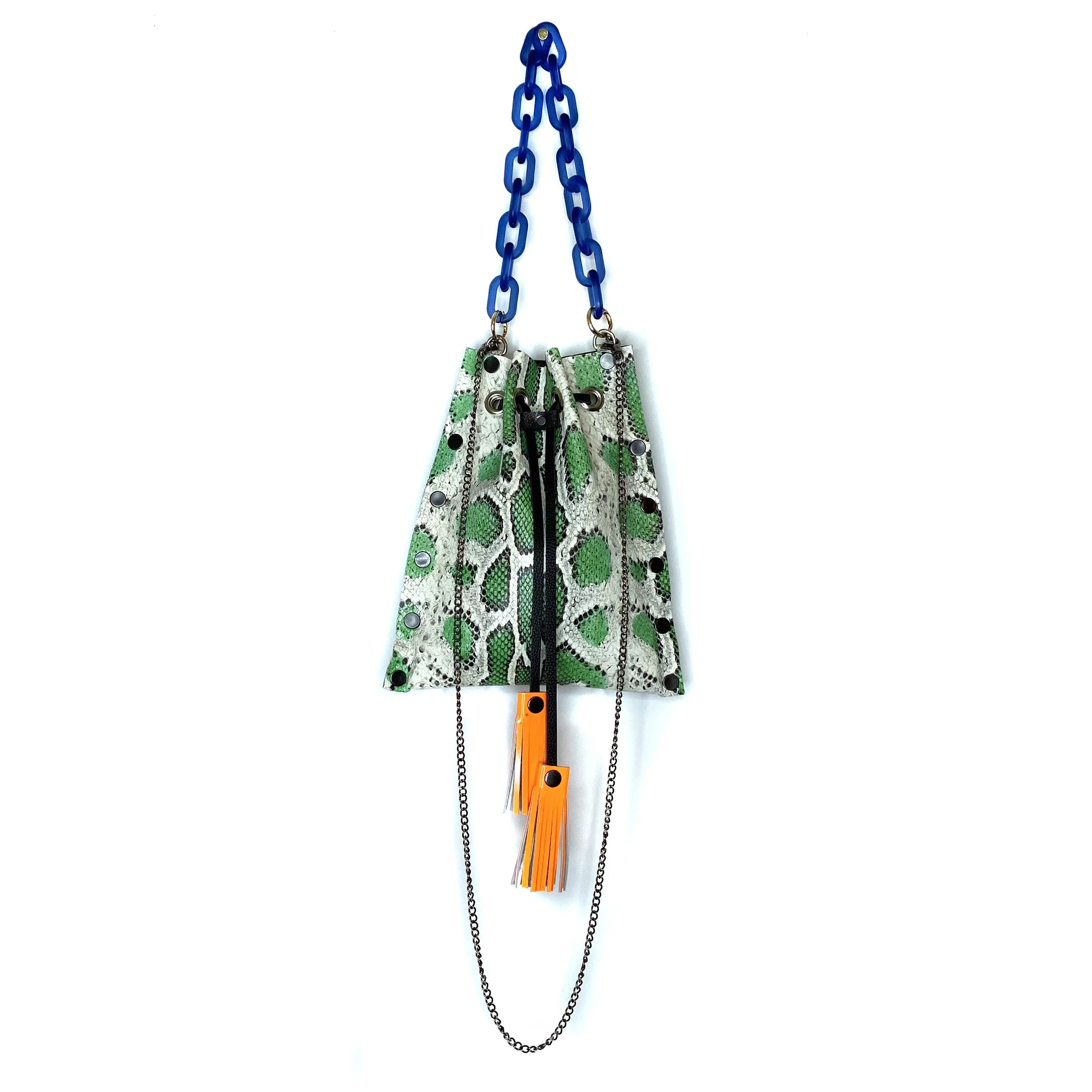 Seafoam Green Snakeprint leather Drawstring Crossbody Bag