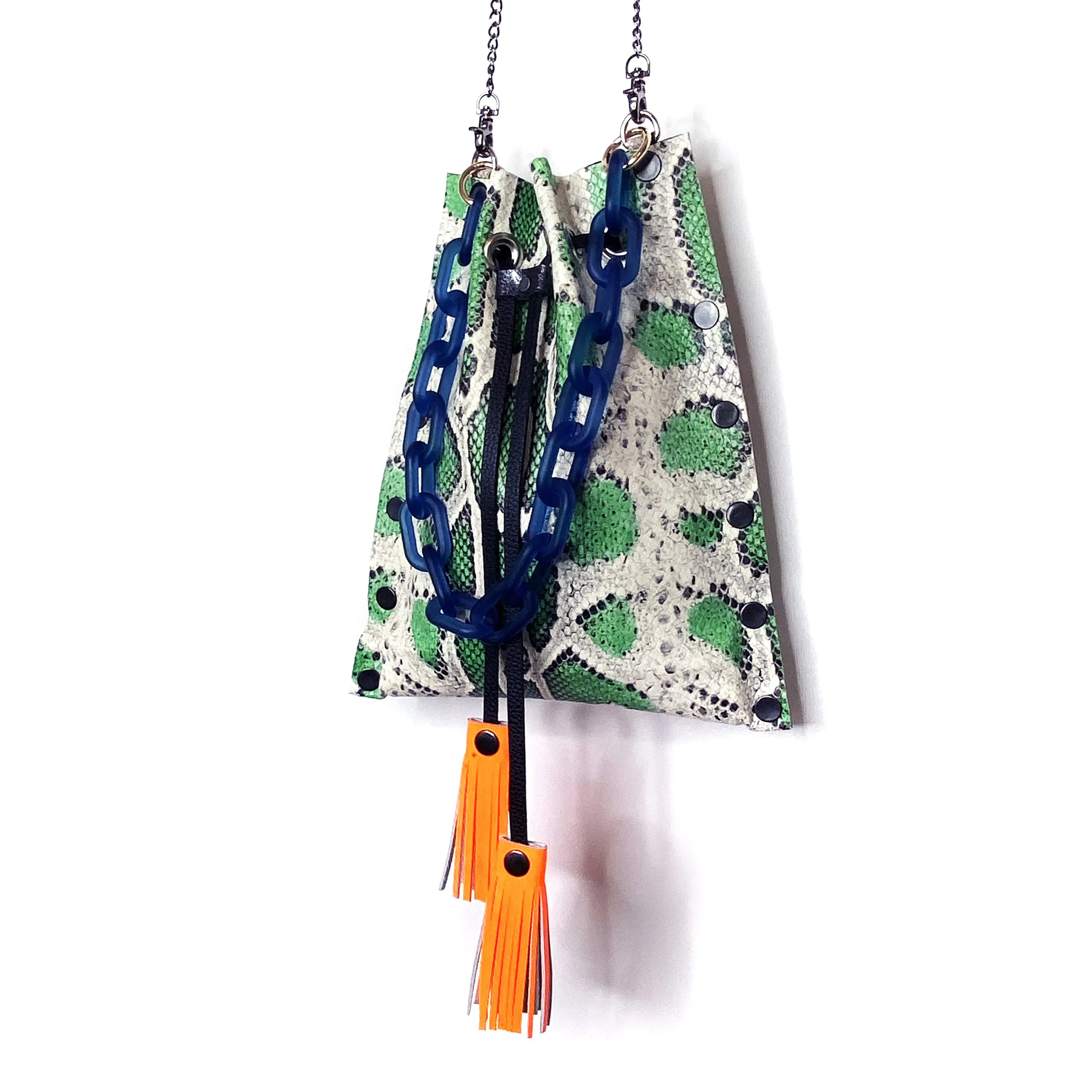 Seafoam Green Snakeprint leather Drawstring Crossbody Bag