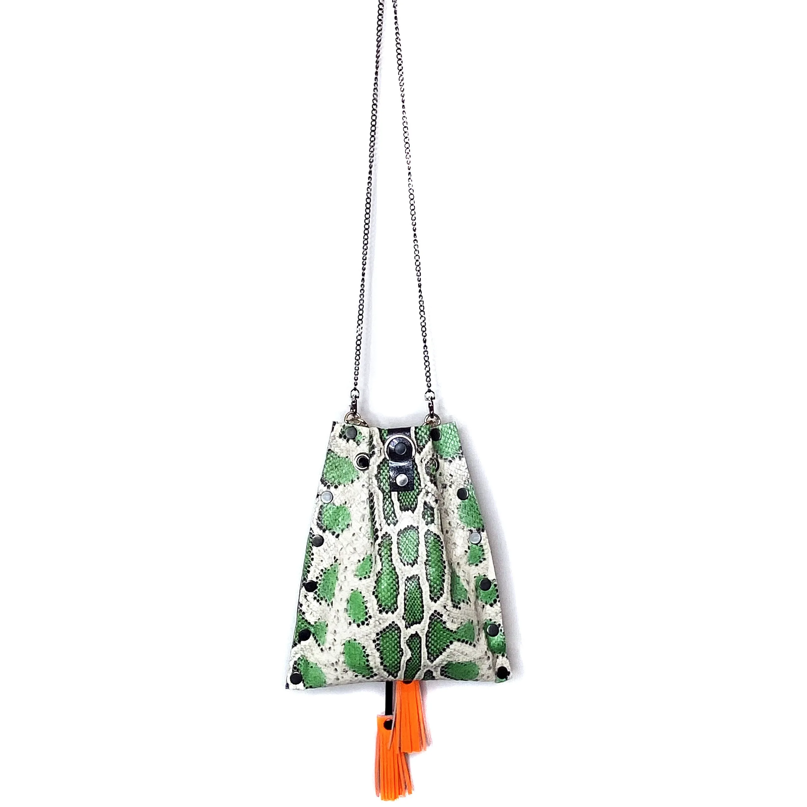 Seafoam Green Snakeprint leather Drawstring Crossbody Bag
