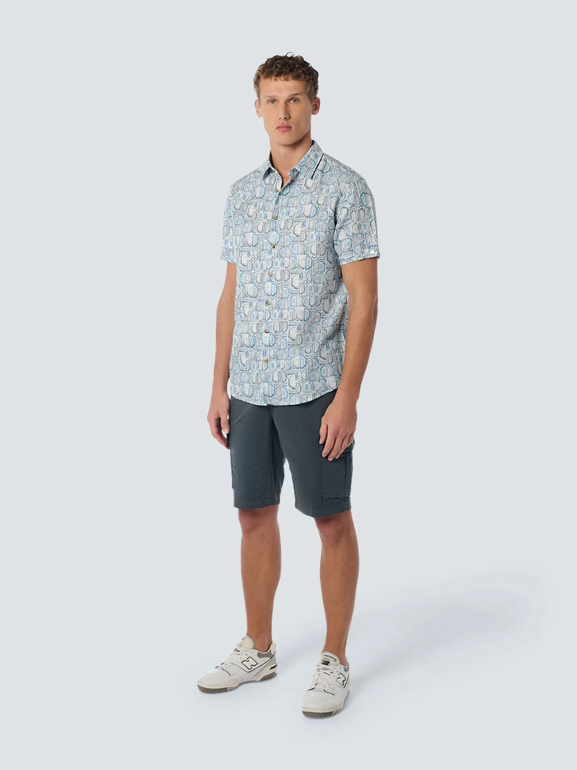 Shirt Short Sleeve Allover Printed With Linen | Aqua
