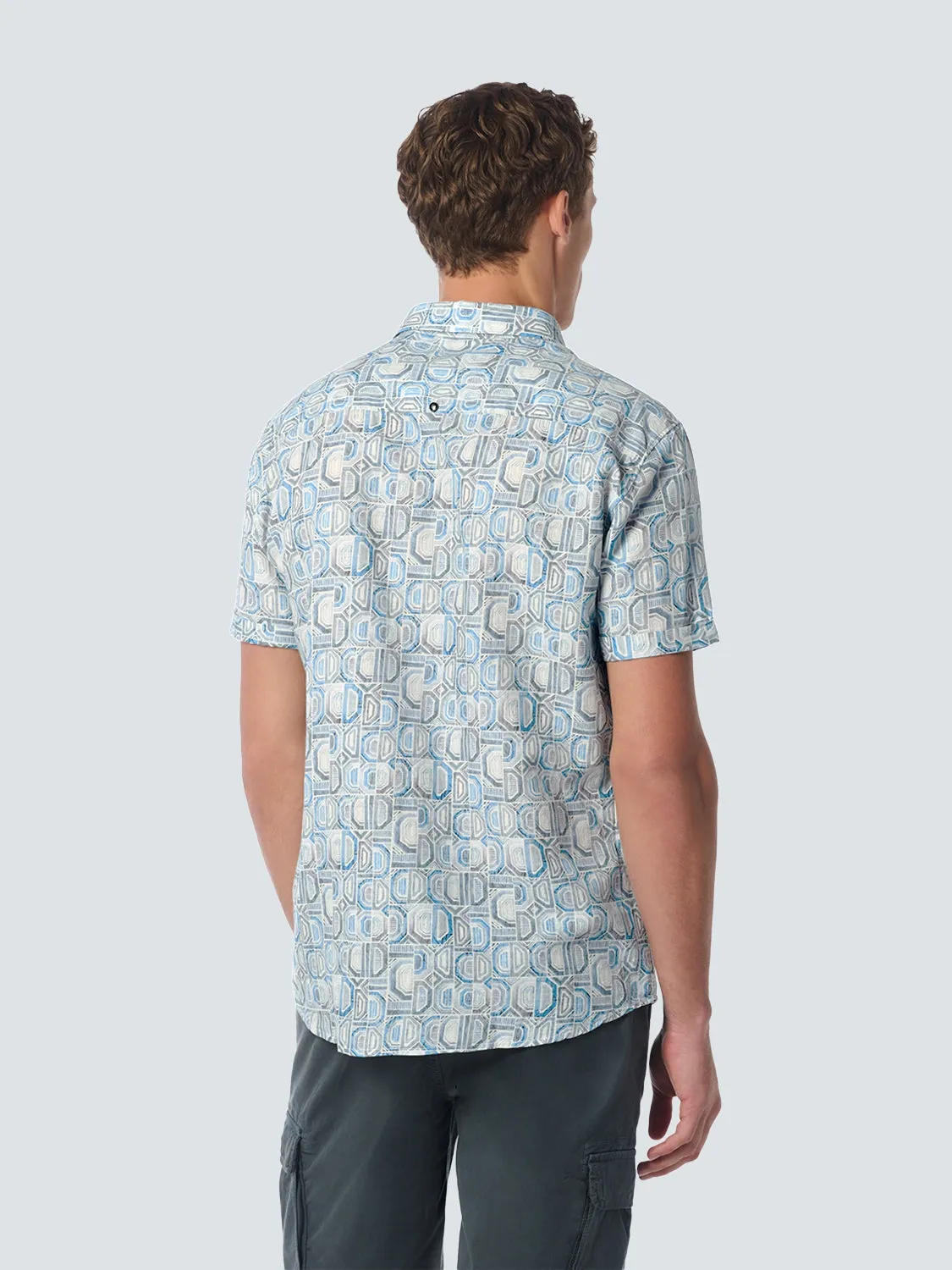 Shirt Short Sleeve Allover Printed With Linen | Aqua