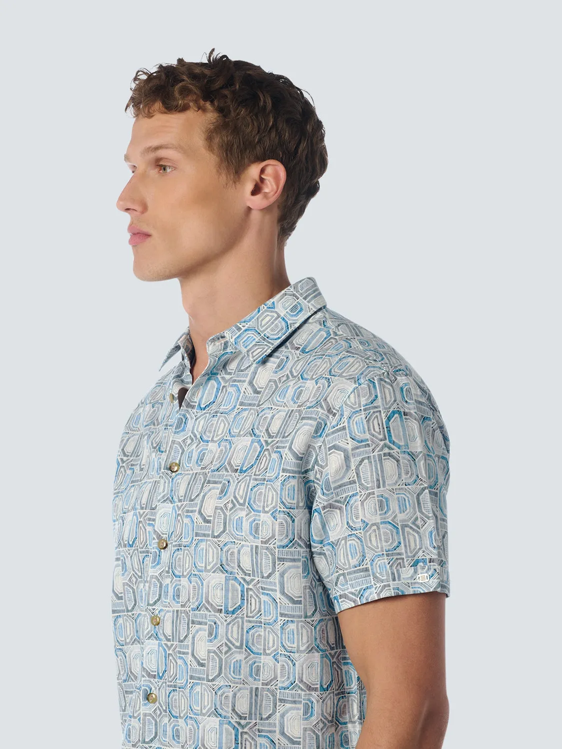 Shirt Short Sleeve Allover Printed With Linen | Aqua