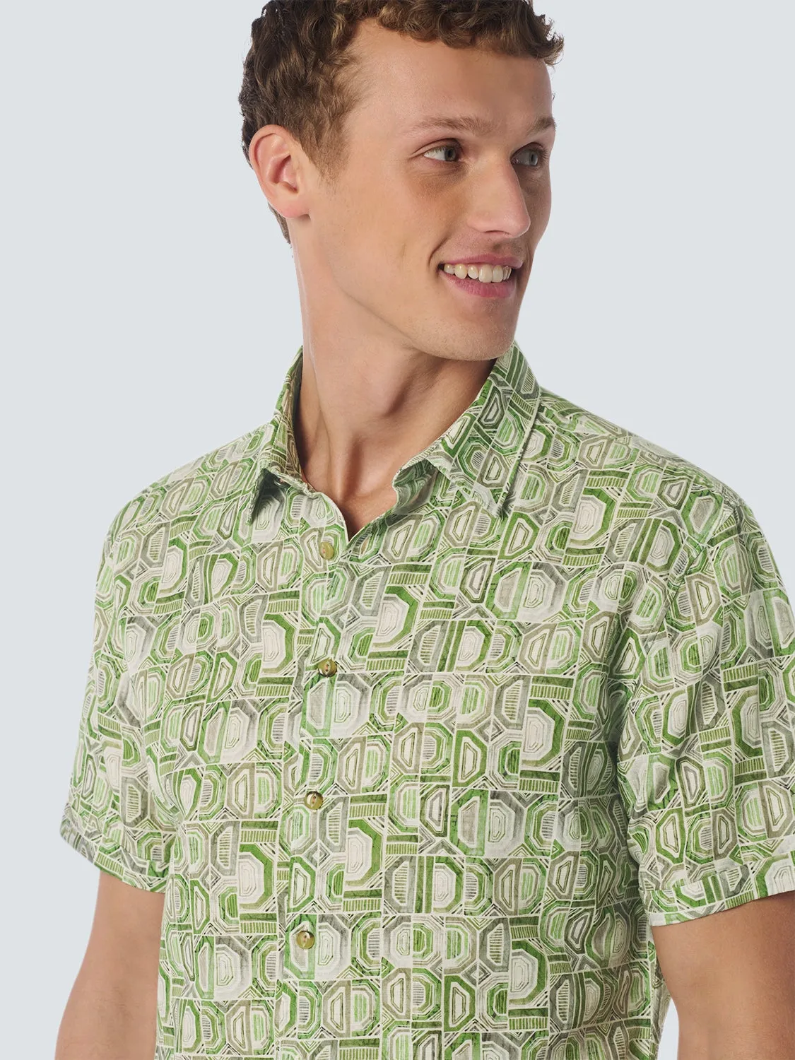 Shirt Short Sleeve Allover Printed With Linen | Green