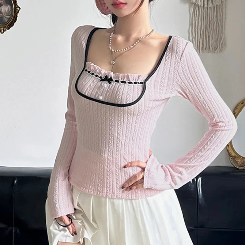 Sweet Korean Square Neck Slim Women T-shirts Bow Ruched Stitching Autumn Top Tee Coquette Clothes Girls Knitted Shirt
