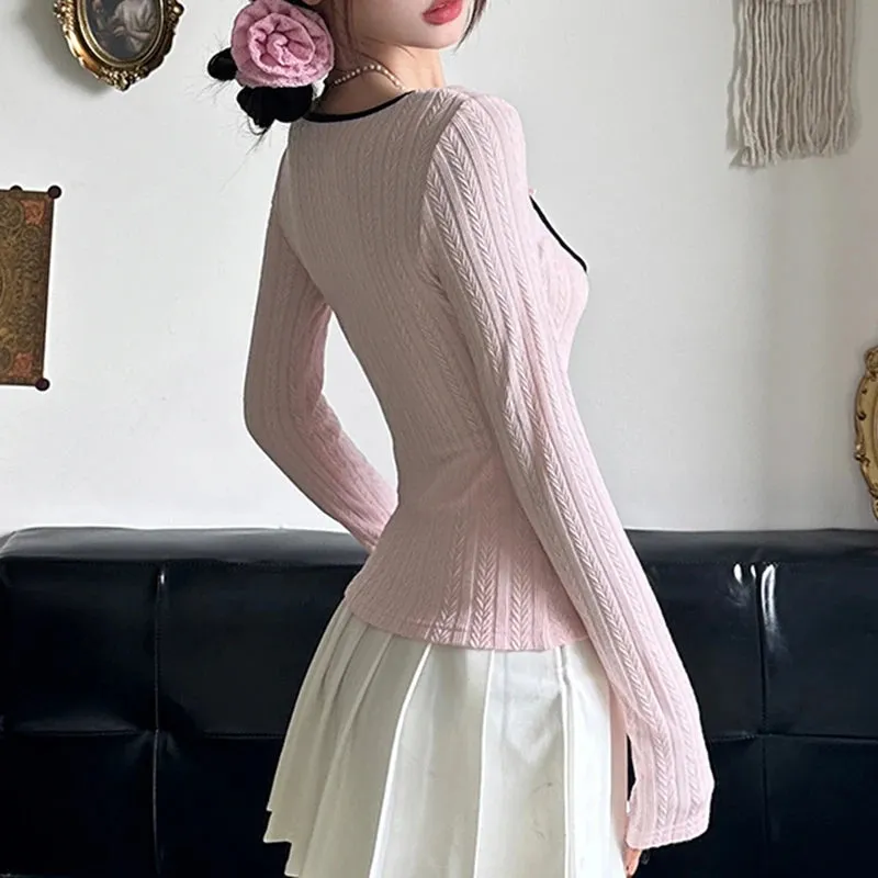 Sweet Korean Square Neck Slim Women T-shirts Bow Ruched Stitching Autumn Top Tee Coquette Clothes Girls Knitted Shirt