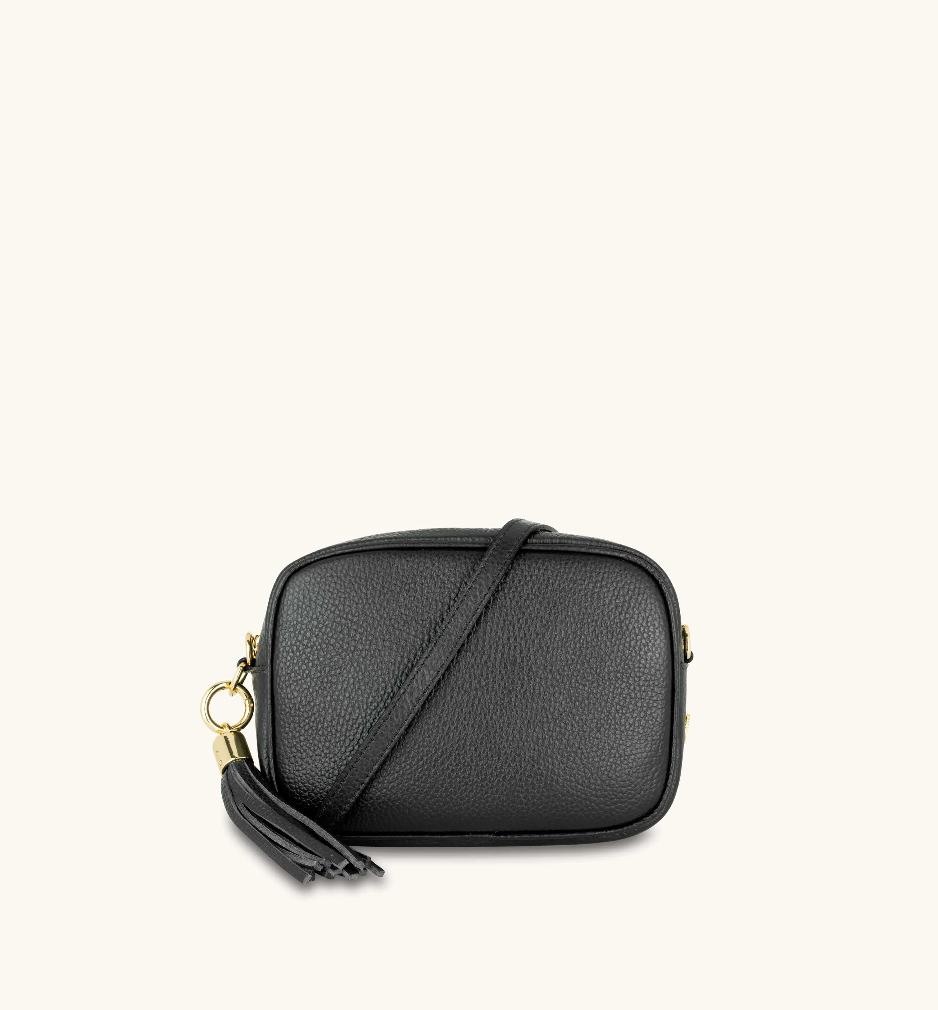 The Tassel Black Leather Crossbody Bag With Gold Chain Strap