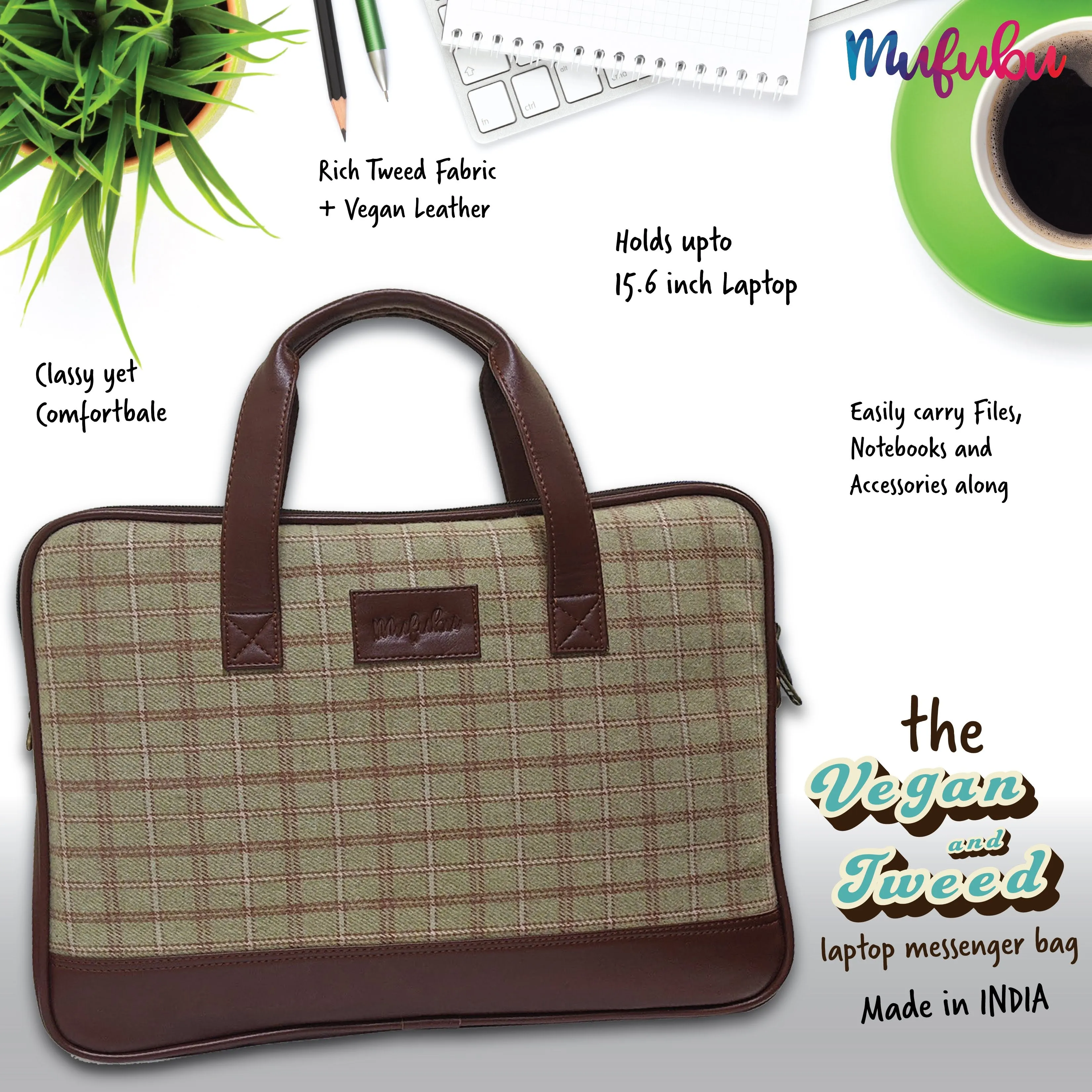 Vegan and Tweed Laptop Messenger Bag - Beige Retro Checks