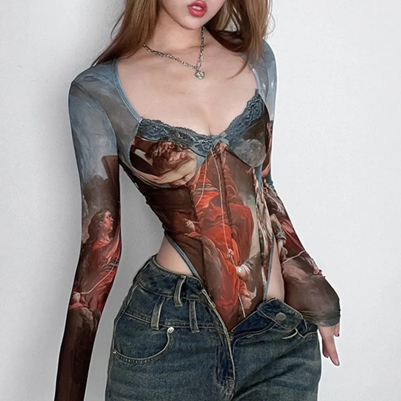 Vintage Fashion Pattern Printed Skinny Mesh Bodycon Women Lace Trim Bow Club Party Sexy Body Catsuit Elegant Outfits