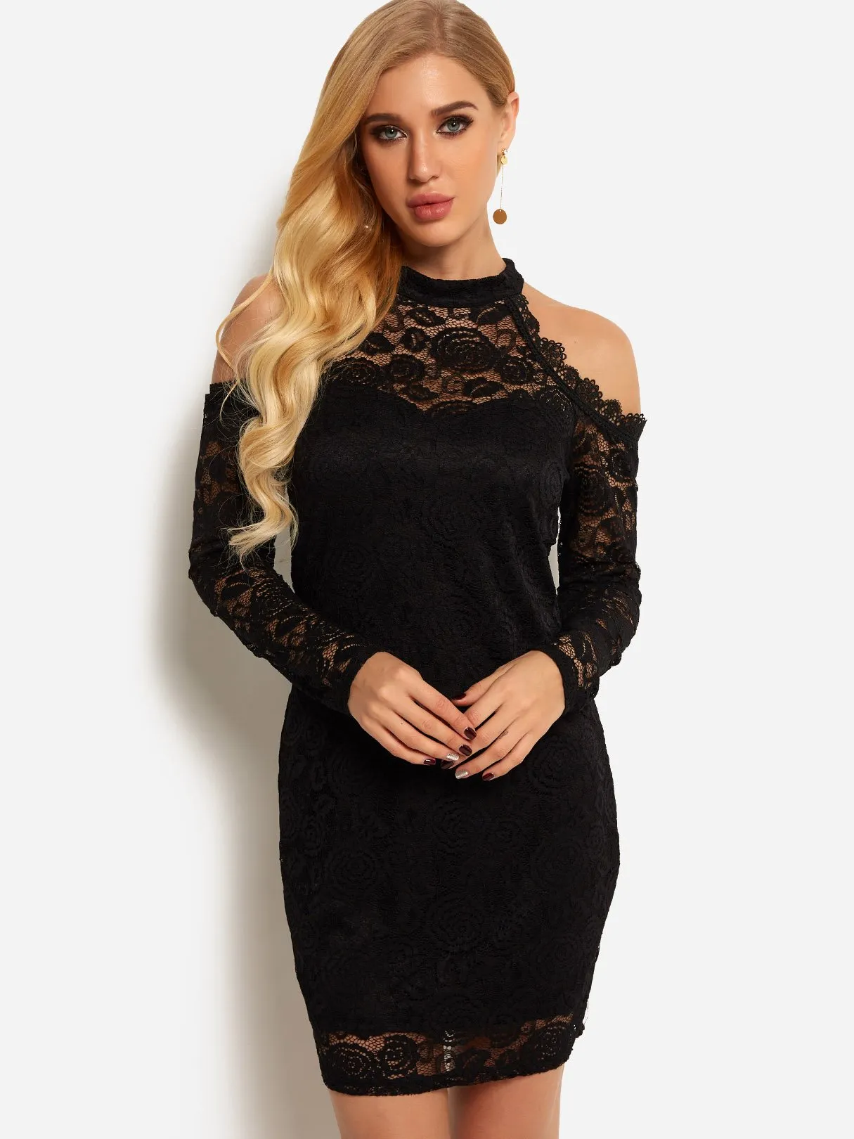 Wholesale Black Cold Shoulder Long Sleeve Plain Lace See Through Mini Dress