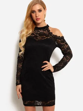 Wholesale Black Cold Shoulder Long Sleeve Plain Lace See Through Mini Dress