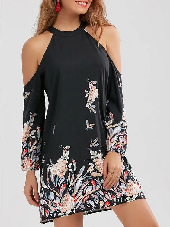 Wholesale Black Halter Cold Shoulder Long Sleeve Floral Print Mini Dresses