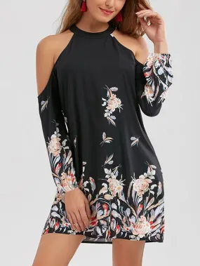 Wholesale Black Halter Cold Shoulder Long Sleeve Floral Print Mini Dresses