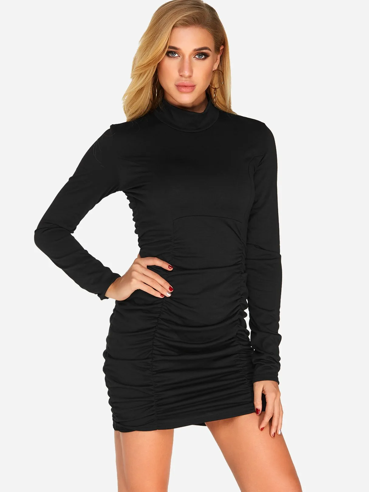 Wholesale Black High Neck Long Sleeve Plain Pleated Mini Dress