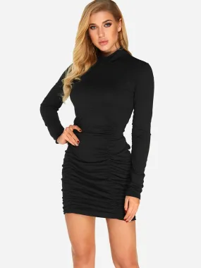 Wholesale Black High Neck Long Sleeve Plain Pleated Mini Dress