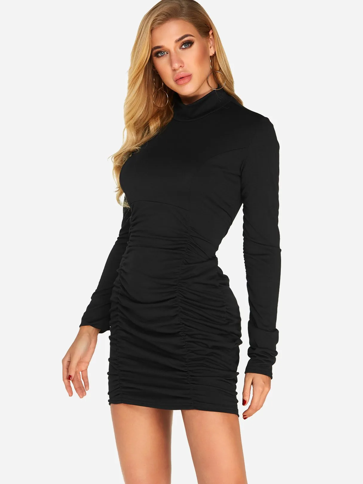 Wholesale Black High Neck Long Sleeve Plain Pleated Mini Dress