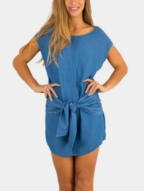 Wholesale Blue Round Neck Curved Hem Mini Dresses