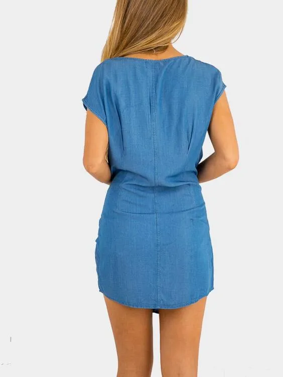 Wholesale Blue Round Neck Curved Hem Mini Dresses