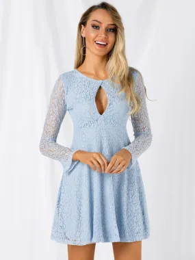 Wholesale Blue Round Neck Long Sleeve Embroidered Cut Out See Through Mini Dress