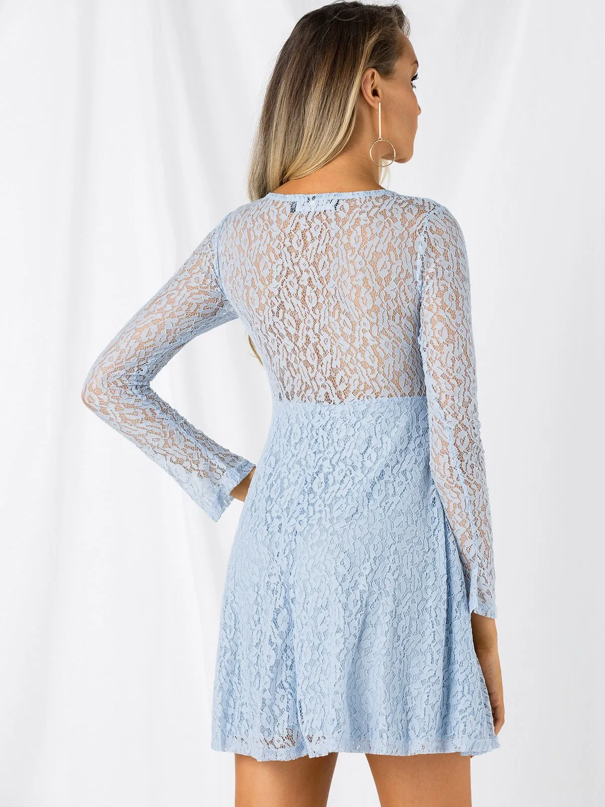 Wholesale Blue Round Neck Long Sleeve Embroidered Cut Out See Through Mini Dress