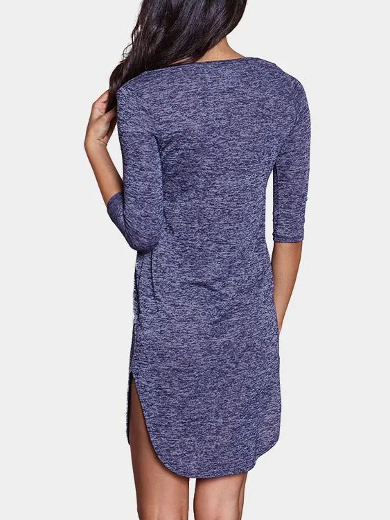 Wholesale Blue V-Neck Scoop Neck 3/4 Sleeve Length Curved Hem Mini Dress