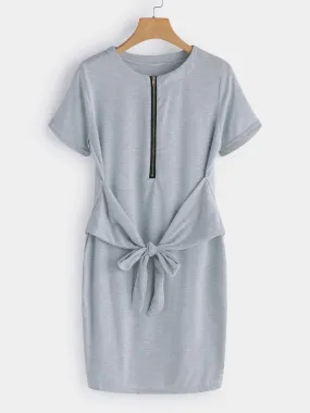 Wholesale Grey Round Neck Short Sleeve Plain Zip Back Self-Tie Mini Dress