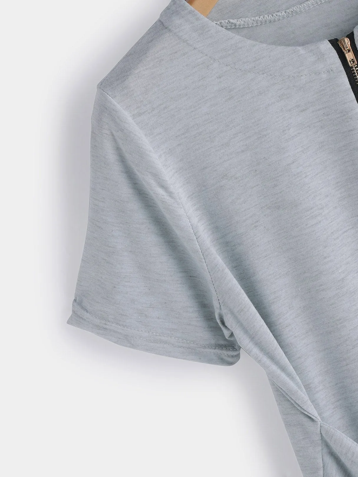 Wholesale Grey Round Neck Short Sleeve Plain Zip Back Self-Tie Mini Dress