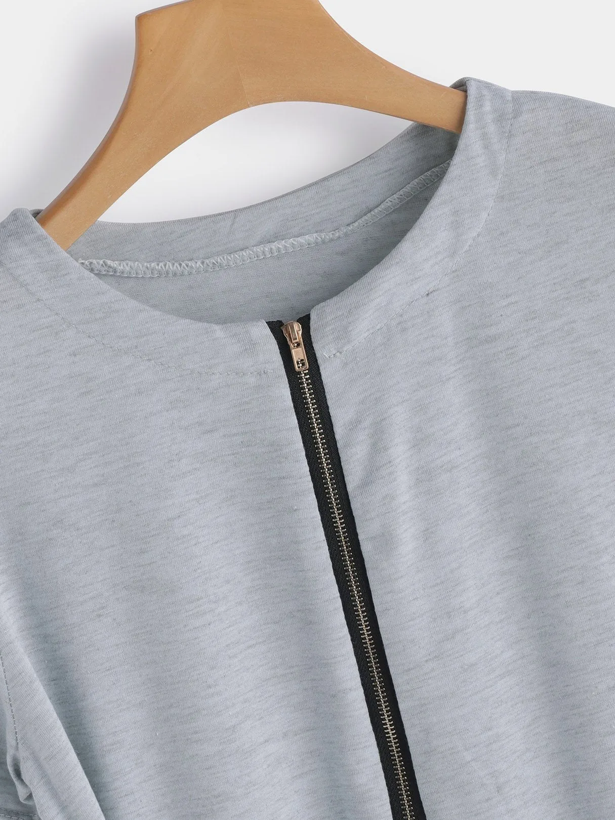 Wholesale Grey Round Neck Short Sleeve Plain Zip Back Self-Tie Mini Dress