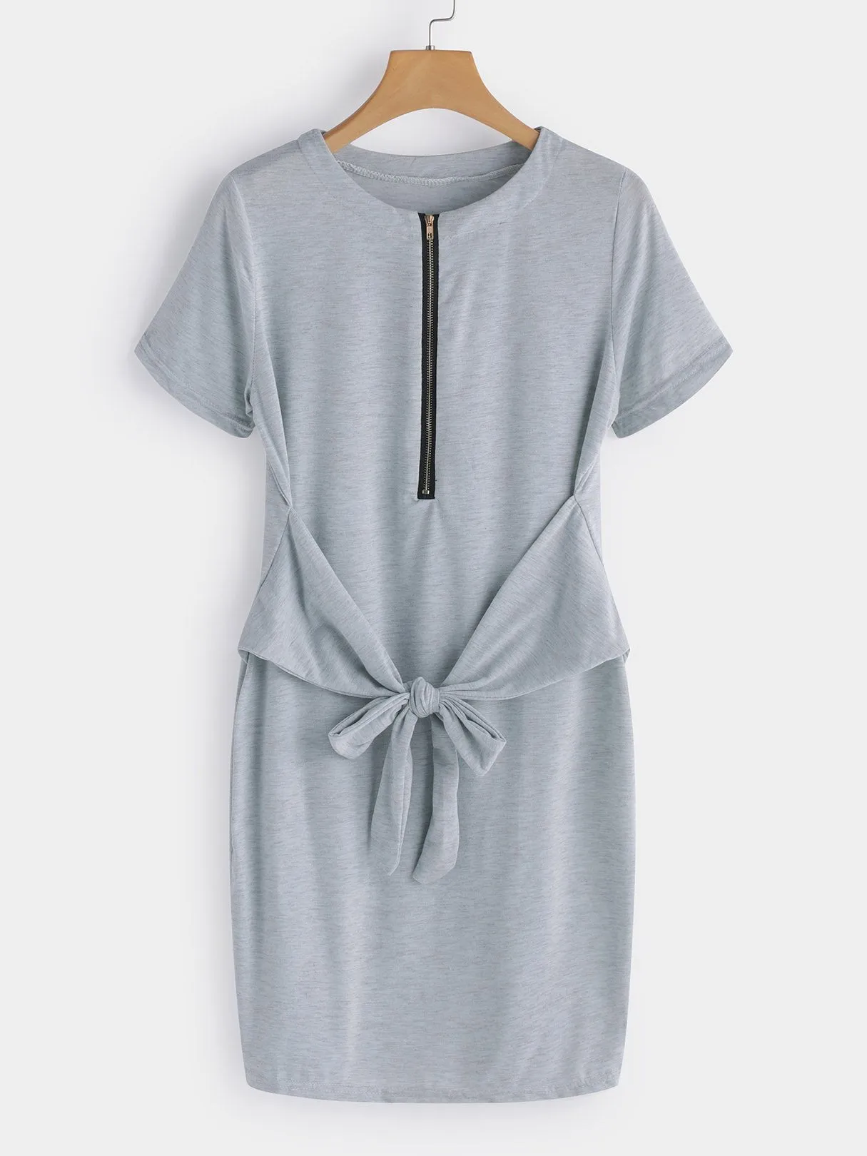 Wholesale Grey Round Neck Short Sleeve Plain Zip Back Self-Tie Mini Dress