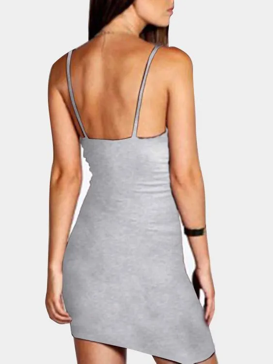 Wholesale Light Grey Deep V Neck Sleeveless Plain Backless Spaghetti Strap Mini Dress