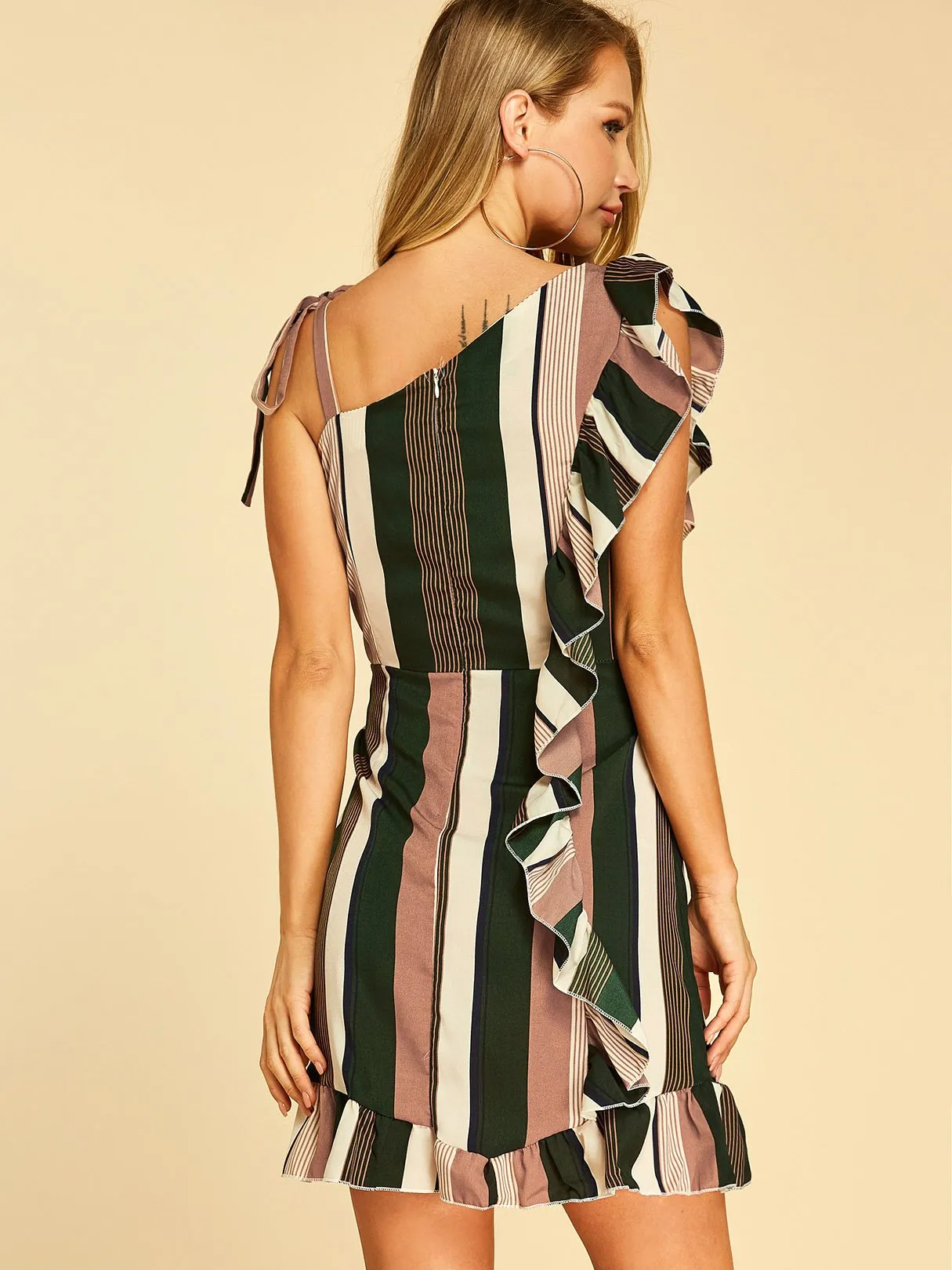 Wholesale One Shoulder Sleeveless Stripe Self-Tie Ruffle Hem Mini Dresses