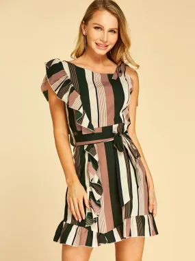Wholesale One Shoulder Sleeveless Stripe Self-Tie Ruffle Hem Mini Dresses