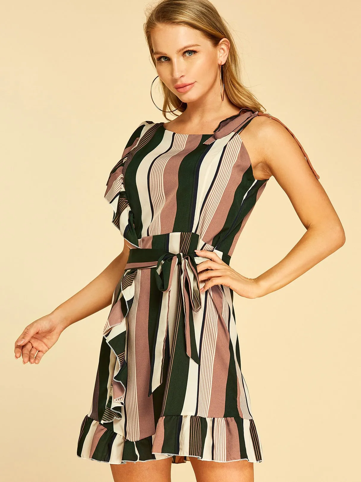 Wholesale One Shoulder Sleeveless Stripe Self-Tie Ruffle Hem Mini Dresses