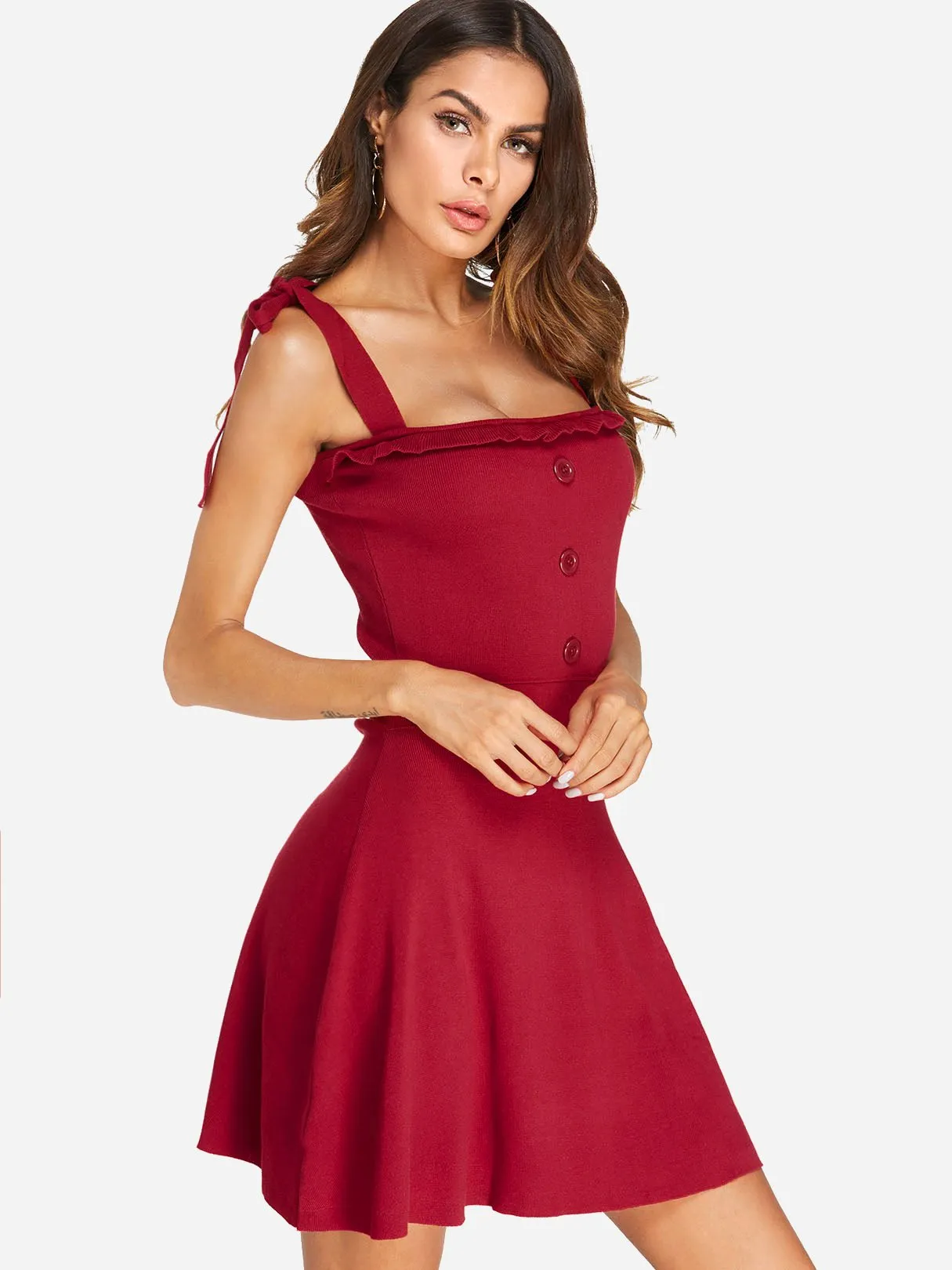 Wholesale Red Square Neck Sleeveless Backless Self-Tie Mini Dress