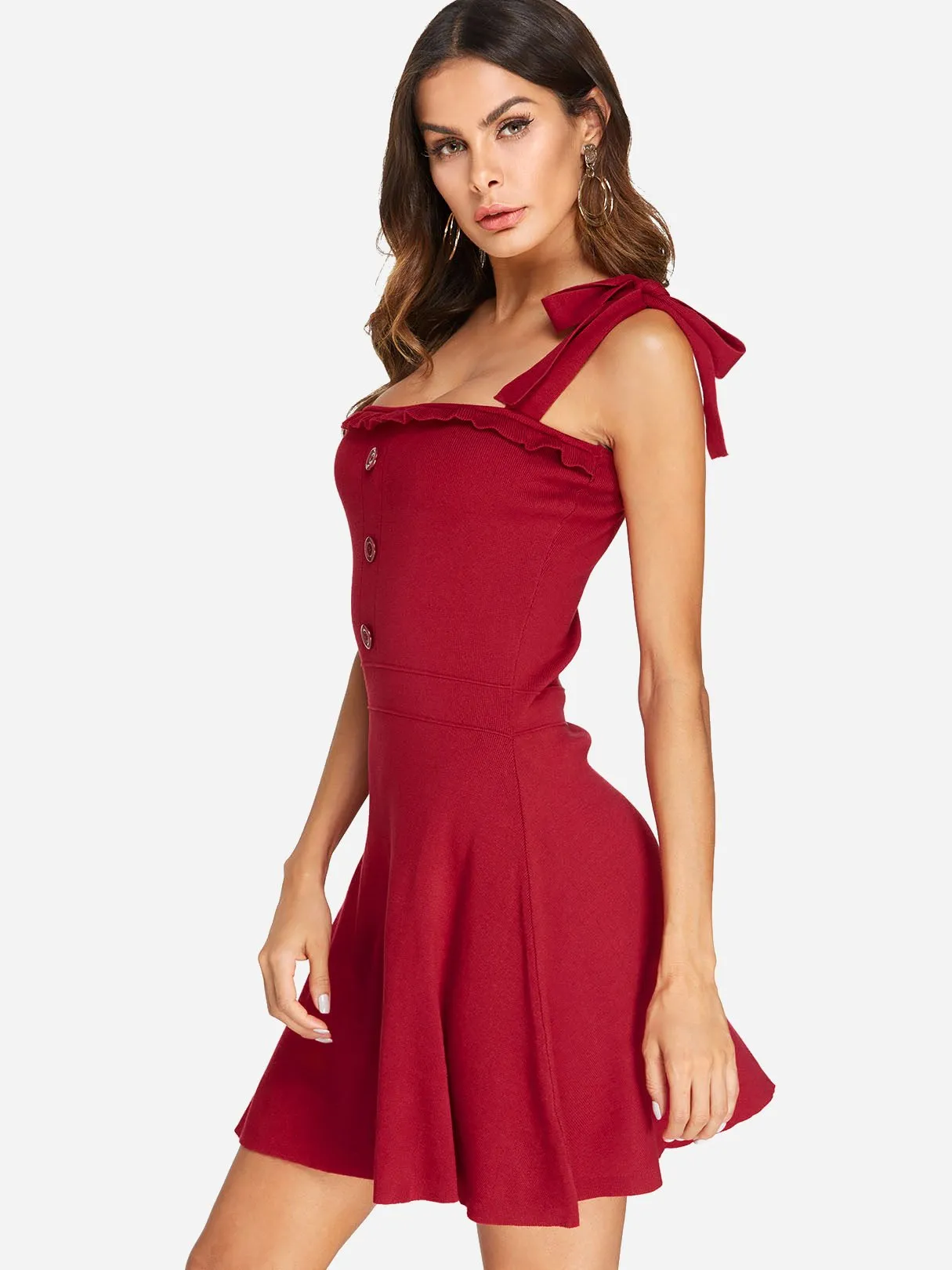 Wholesale Red Square Neck Sleeveless Backless Self-Tie Mini Dress