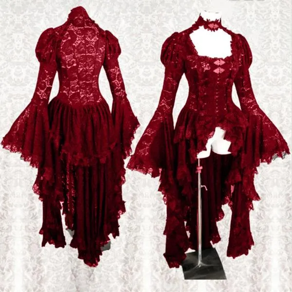 Women Long Bell Sleeve Cosplay Dress Gothic Style Asymmetrical Dress Lace Halloween Cosplay Dress