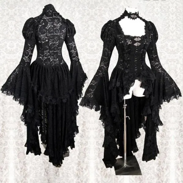 Women Long Bell Sleeve Cosplay Dress Gothic Style Asymmetrical Dress Lace Halloween Cosplay Dress
