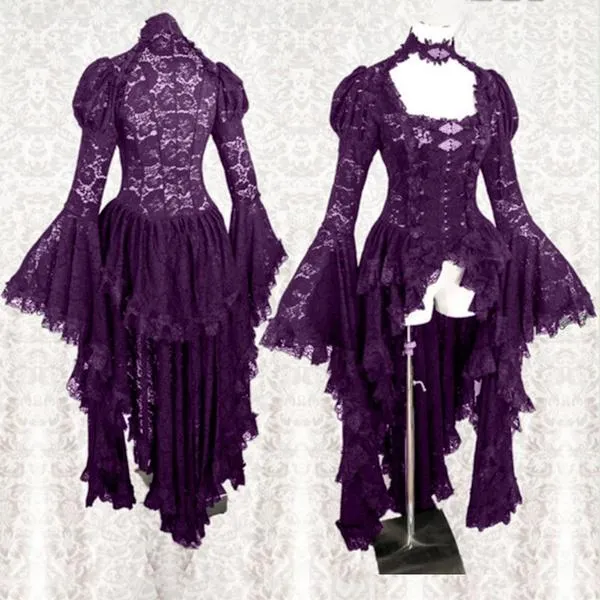 Women Long Bell Sleeve Cosplay Dress Gothic Style Asymmetrical Dress Lace Halloween Cosplay Dress