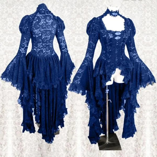 Women Long Bell Sleeve Cosplay Dress Gothic Style Asymmetrical Dress Lace Halloween Cosplay Dress