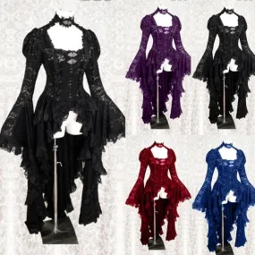 Women Long Bell Sleeve Cosplay Dress Gothic Style Asymmetrical Dress Lace Halloween Cosplay Dress