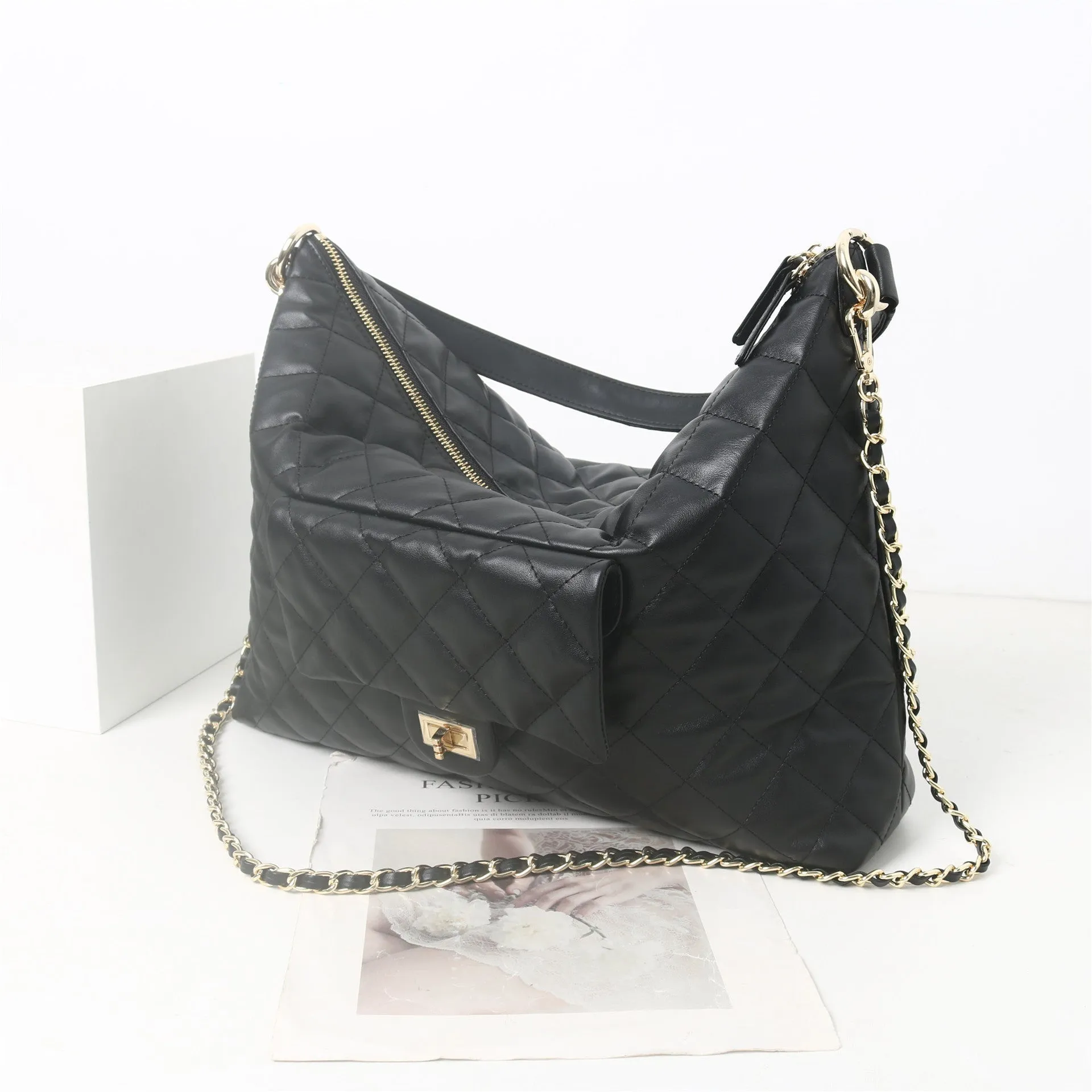 Womens Quilted Leather Large  Hobo Chain Cross Body Bag