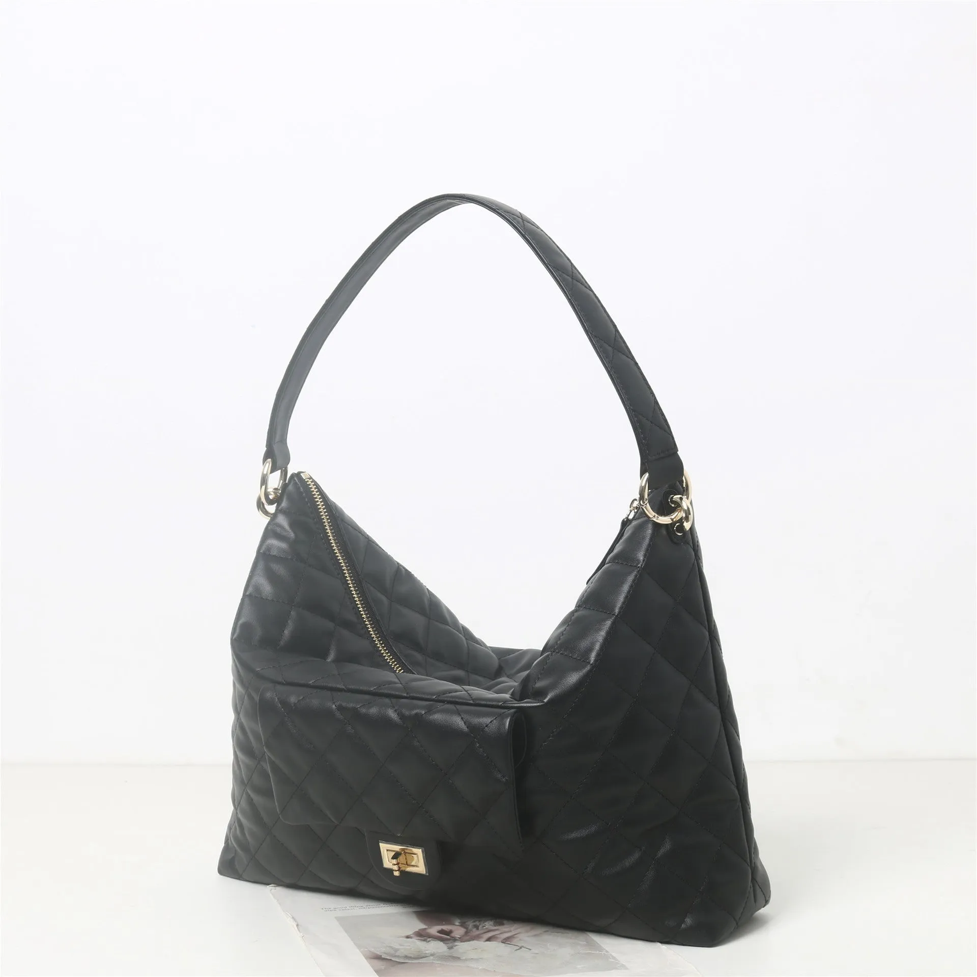 Womens Quilted Leather Large  Hobo Chain Cross Body Bag
