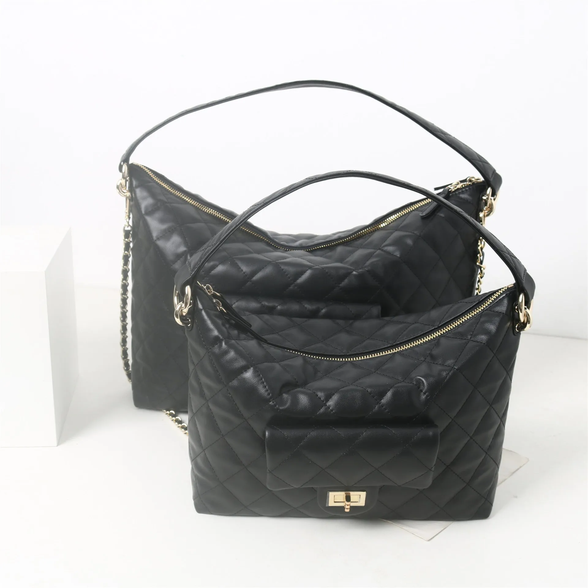Womens Quilted Leather Large  Hobo Chain Cross Body Bag