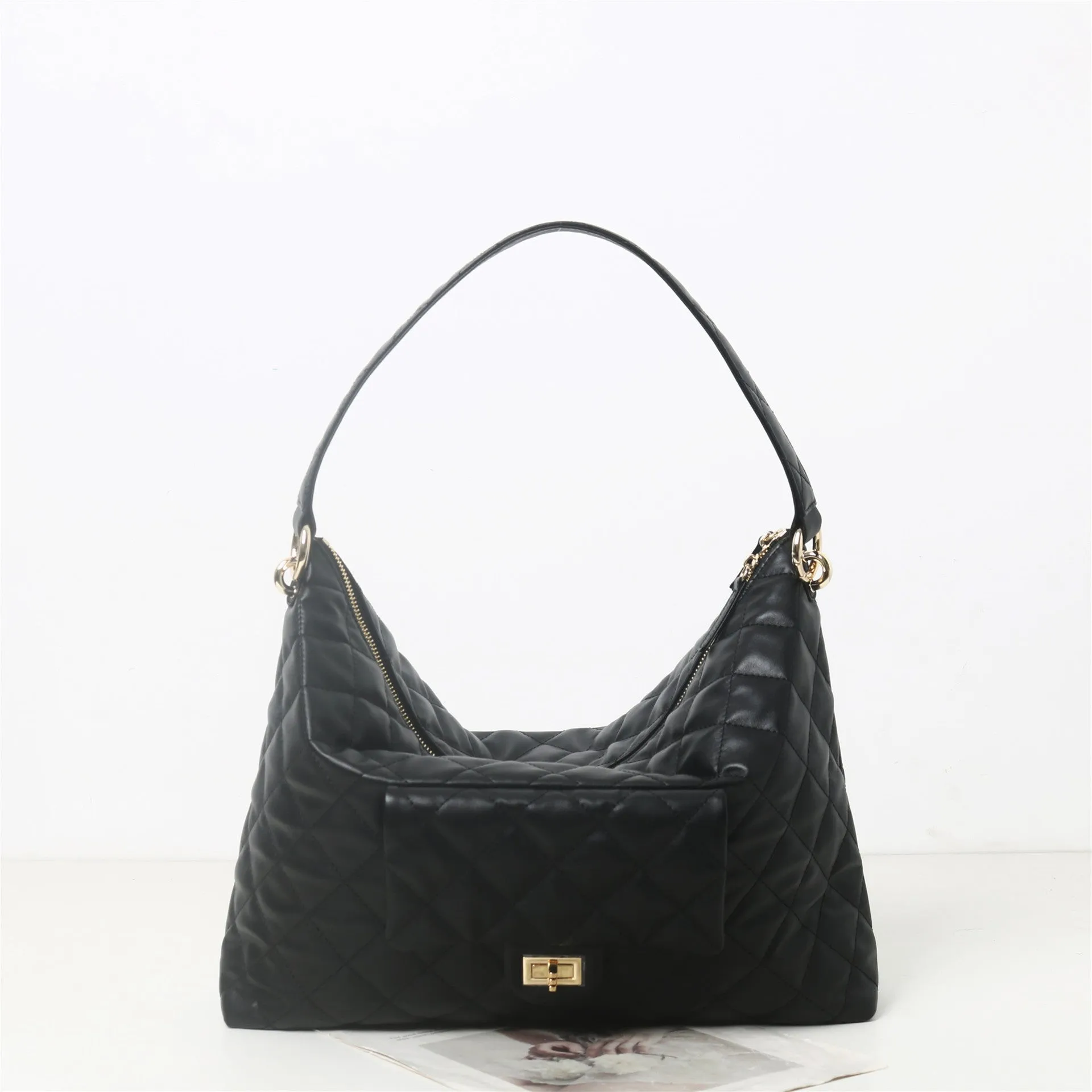 Womens Quilted Leather Large  Hobo Chain Cross Body Bag