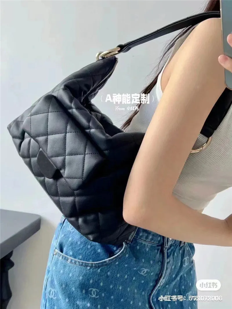 Womens Quilted Leather Large  Hobo Chain Cross Body Bag