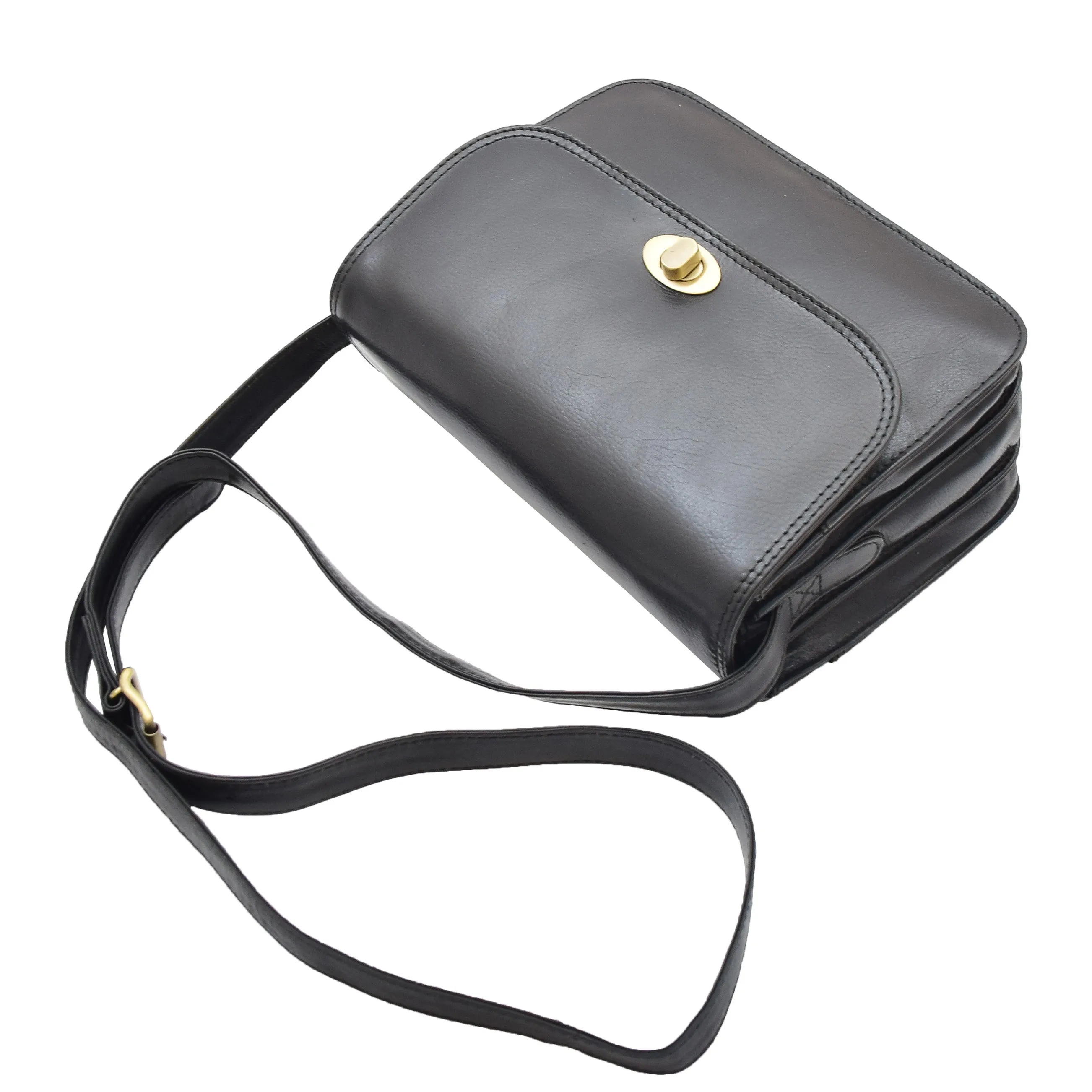 Womens Real Leather Crossbody Bag Messenger Triple Gussets Organiser Nicole Black
